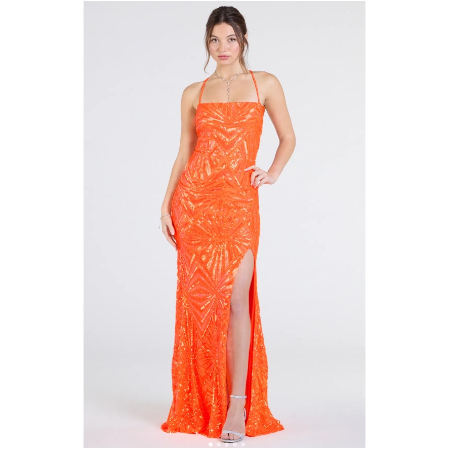 Windsor Lottie Gown Mermaid Dress Women Medium Orange Sequin Lace Up Glam Nwt